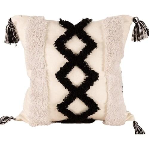 Boho Woven Tufted Black White Throw Pillow Case Morocan Textured Plaid Striped Geometric Pattern Square Cushion Cover