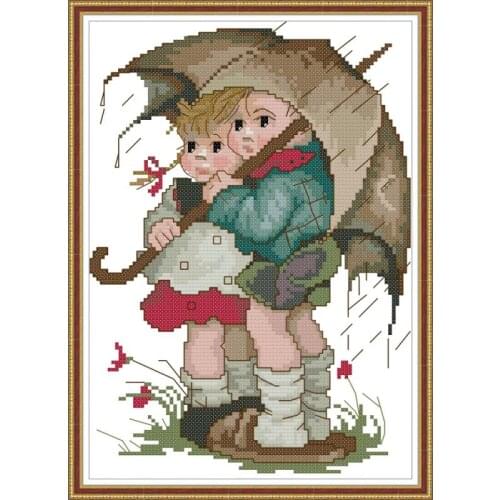 Children holding an umbrella counted cross stitch DIY cartoon character pattern embroidery set 14CT11CT canvas sewing needlework