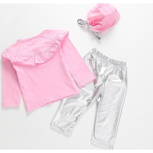 Girls Set Autumn New Baby Sets Baby Kids Clothes Children Long- Sleeved Solid Tops+Long Pants + Headdress Hat 3Pcs Clothing Set