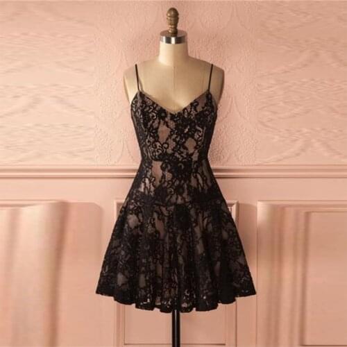 Short Sleeveless A Line Homecoming Dresses 2021 Spaghetti Strap Knee Length Lace Prom Party Gown Beautiful Back Vintage