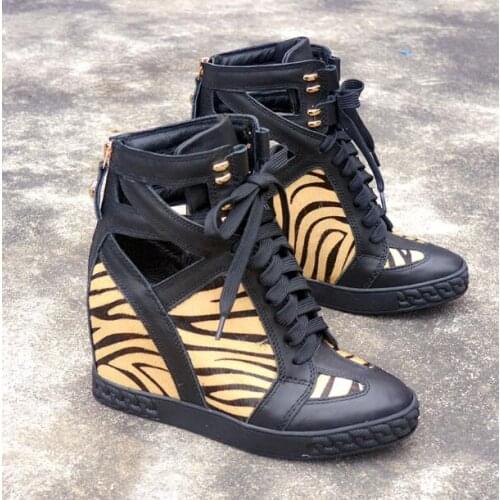Girls Black Leopard Patchwork Height Increasing 8 cm Wedge Sneakers Shoes Woman Round Toe Cuts Out Lace Up Short Ankle Boots