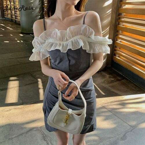 JuneRain Lace Mini Shirt Dress Vintage Women One Shoulder Elegant Strap Dress Office Lady Party Street Ruffles Club Dress 2021