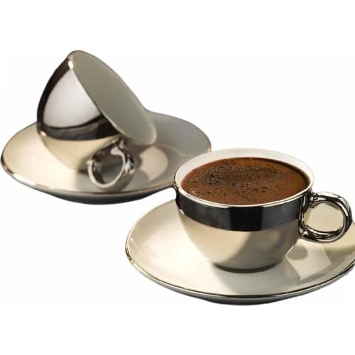 Kutahya Porcelain Zeugma Coffee Set Platinum Plated Turkish Coffee Espresso 2 Cups + 2 Saucers Made in Turkey %100 Original