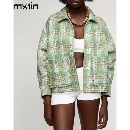 MXTIN 2021 Women Spring Vintage Plaid Single Breasted Jacket Coat Fashion Lapel Collar Long Sleeve Office Lady Female Chic Tops