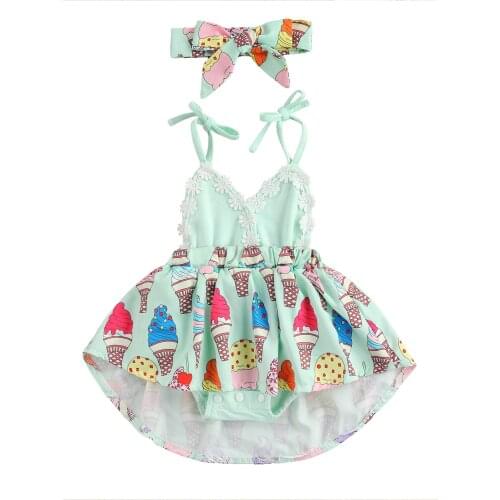 New Baby Girl’s Casual Suspender Romper Fresh Ice Cream Printed Hem Backless Jumpsuits and Headband
