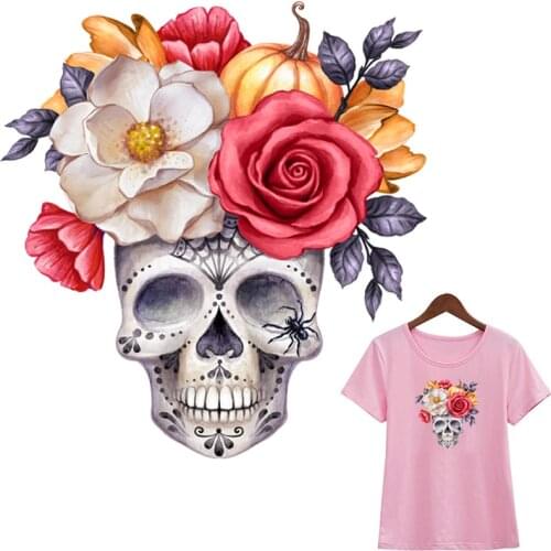 Flower Skulls Fabric Patches Jeans Transfer New Fashion Heat Transfer Washable T-Shirt Decoration Diy Custom Patch