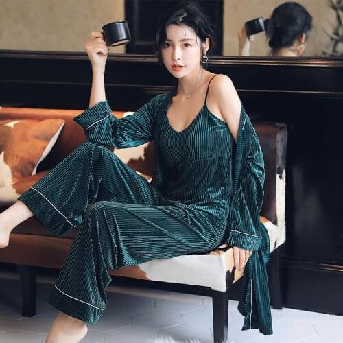 Autumn sexy sling gold velvet nightgown women autumn and winter mid-length thin home service three-piece suit summer