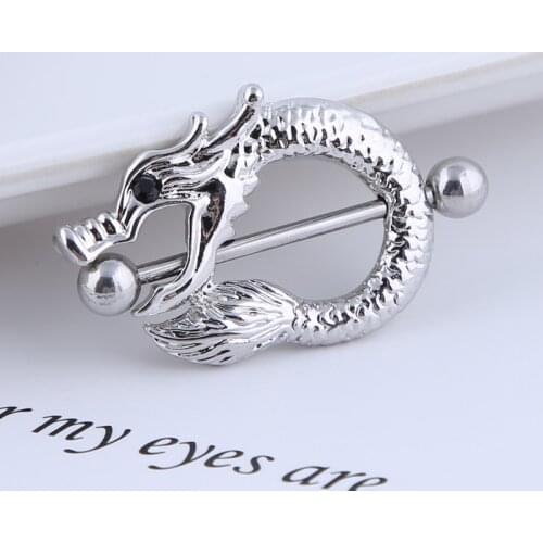 2PCS Steampunk Nipple Piercing For Men Vintage Silver Color Dragon Piercing Nipple Barbell Ring Body Jewelry Shield 14g Piercing
