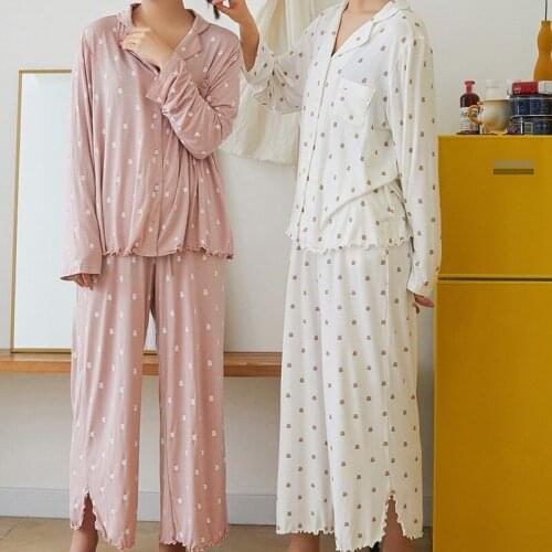 Sweet Fungus Ruched Long Sleeve&trousers Pajamas Set Japanese Cute Bear Print Home Suit Loose Soft Autumn Loose Pyjamas Women