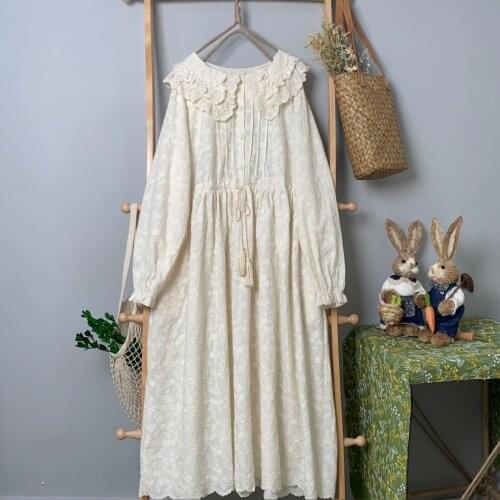 Mori Girl Mid-Length Dress 2021 Early Spring New Solid Color Embroidery Sweet Age-Reducing Large Swing Skirt