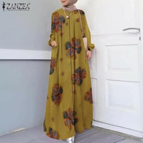 ZANZEA Vintage Muslim Abaya Hijab Dress Spring Long Sleeve Floral Printed Maix Long Sundress Robe Femme Dubai Islamic Clothing