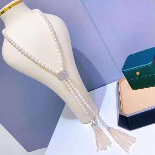 Hand knotted 8-9mm white freshwater cultured pearl tassels micro inlay zircon accessories sweater necklace long 80cm
