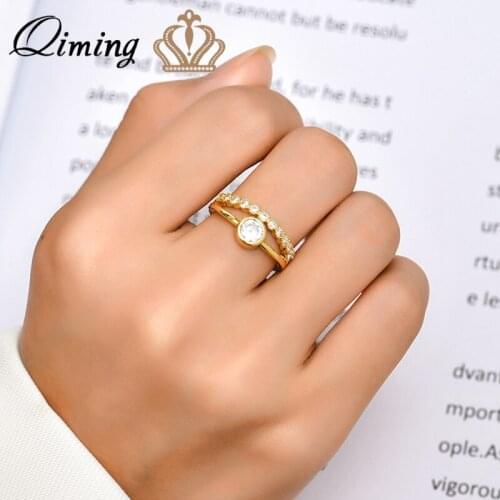 QIMING Double Line Crystal Zircon Rings For Gothic Midi Wedding Ring Vintage Jewelry Accessory Adjustable Ring