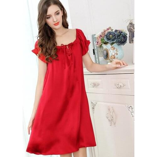 Mulberry silk Nightdress lace V-neck women summer sexy short-sleeved Nightgown Lady nighties for women