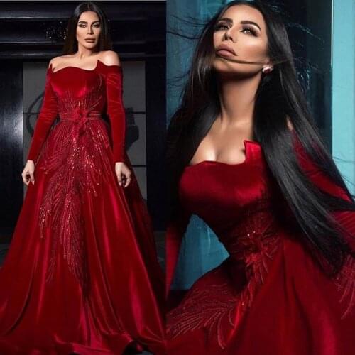Dark Red Velour Prom Dresses Lace Sequined Off Shoulder Long Sleeve Arabic Evening Gowns Plus Size Vestidos Longo