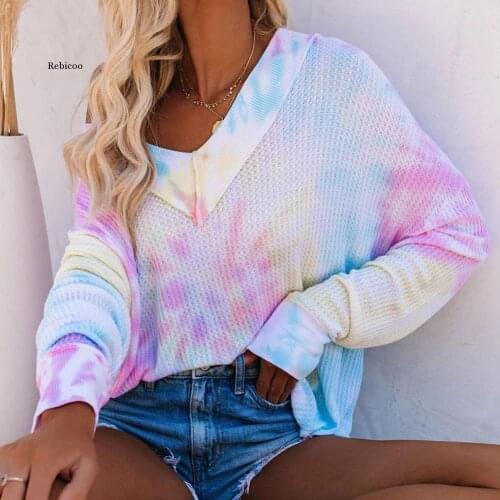 Tie Dye Long Sleeve t Shirt Autumn New One Shoulder Multicolor Loose Top Tee Shirts Women Clothes Autumn Spring Casual Tee