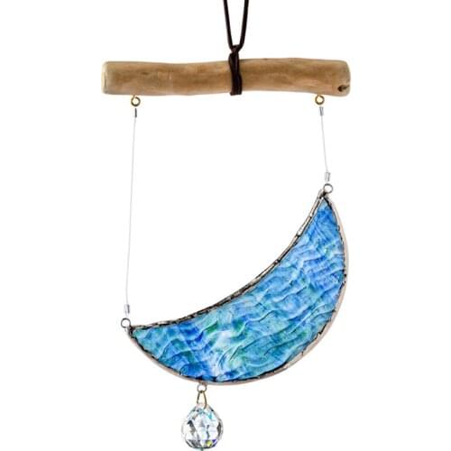 H&D Handcraft Crescent Moon Ornament Stained Glass Window Hanging Suncatcher with Crystal Ball Prism Rainbow Maker Home Decor