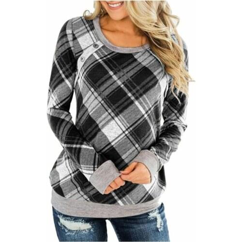 Women Fashion Plaid Print Shirt Long Sleeve Round Neck Blouse Button