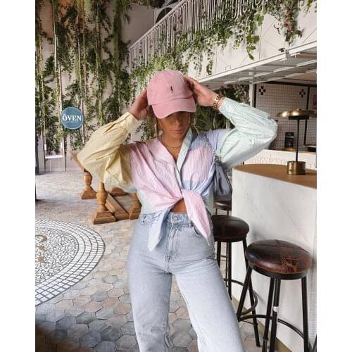 Europe and the United States 2021 summer new womens retro fashion hit color long-sleeved loose boyfriend style hit color shirt