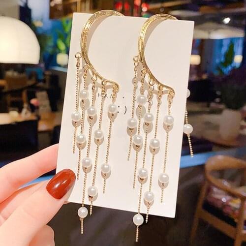 Retro Summer Temperament Exquisite Earrings Female Hanging Ears Long Pearl Tassel No Piercing Earrings