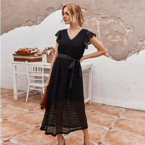Vintage Women Dresses Lace Summer 2021 Lotus leaf sleeve Dress Striped Bandage Long Dress V Neck Boho Beach Dress Lady Vestidos