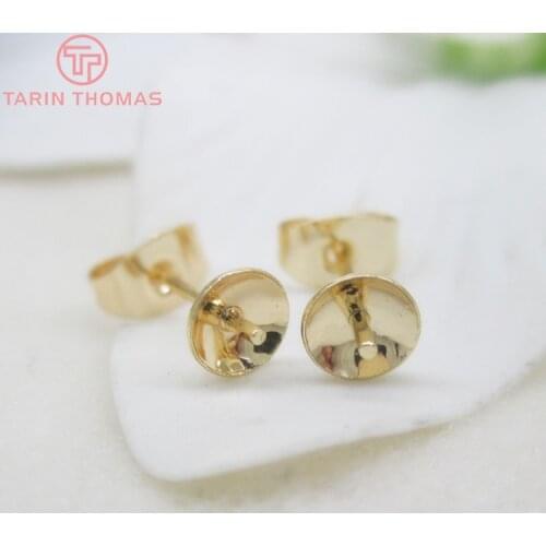 10PCS Length 15MM disk 5MM 24K Champagne Gold Color Brass Half Hole Beads Stud Earrings Pins High Quality Diy Accessories