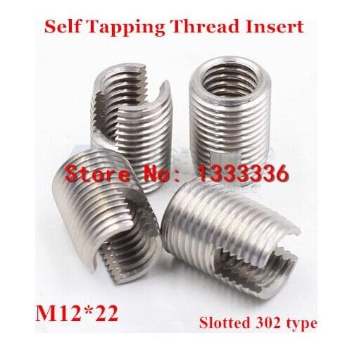 10pcs M12*1.75*22 (L) Self Tapping Thread Insert, 302 Slotted Type Stainless steel Screw Bushing M12 Wire Thread Repair Insert