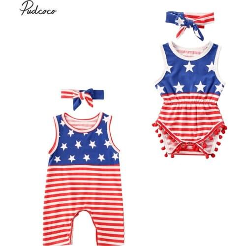 2020 Independence Day 0-18M Infant Baby Girls Boys Rompers Stars and Striped Print Sleeveless Cotton Jumpsuits Headband 2pcs