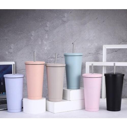 500ML/750ML 304 Stainless Steel Straw Cup Thermos Vacuum Insulated Cup Bottle Large Capacity Solid Color Coffee Mug Tumbler Cup