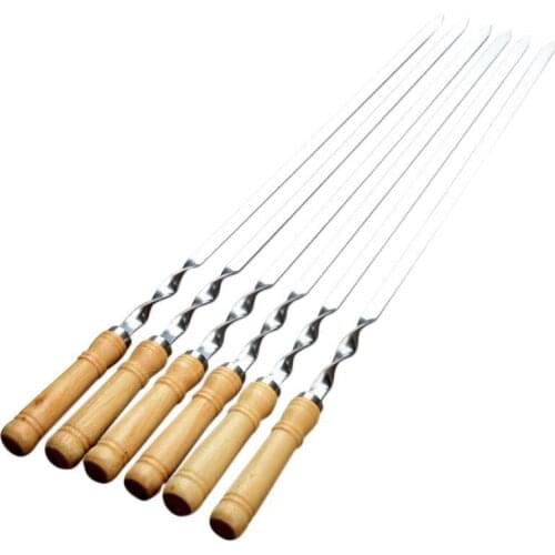 6Pcs 55cm BBQ Skewers Long Handle Shish Kebab Barbecue Grill Stick Wood BBQ Fork Stainless Steel Outdoors Grill Needle