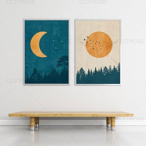 Boho Style Abstract Golden Moon Sun Posters and Prints Nordic Forest Retro Art Canvas Painting Home Decoration Living Room Wall