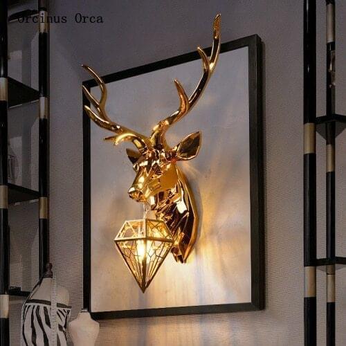 American luxury golden deer head wall lamp living room corridor bedroom bedside lamp creative deer head wall lamp
