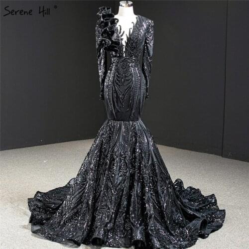 Dubai Black O-Neck Long Sleeve Evening Dresses 2021 Mermaid Sequined Beading Luxury Formal Dress Serene Hill HM67116