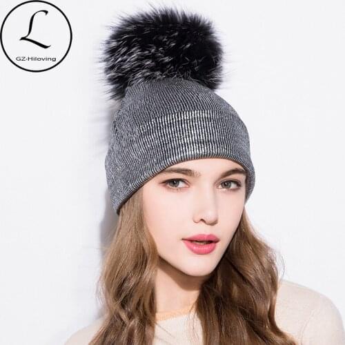 GZHILOVINGL 2017 Autumn Winter Ins Gold Silver Purple Metallic Women Girls Acrylic Knitted Skullies Beanies Real Fur Pompom Hats