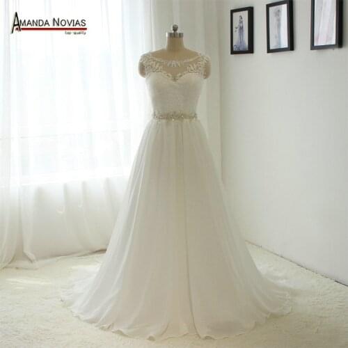 Graceful New High Neck See Through Back Top Lace Chiffon Beach Wedding Dress 2019 NS1461