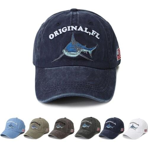 Embroidery Washed Cotton Shark Dad Hat For Men Vintage Baseball Cap Hip Hop Curved Fishing Cap Summer Fish Snapback Women Hat