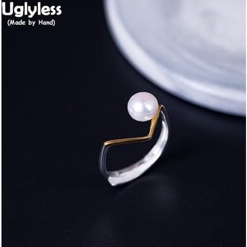 Uglyless 100% Real 925 Sterling Silver Triangle Finger Rings for Women Natural Pearls Open Rings Irregular Folded Fine Jewelry