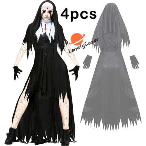 Halloween Vampire Cosplay Black Costume Nun Costume Demon Dress Necklaces Hat Gloves Carnival Party Role Play Girls Women