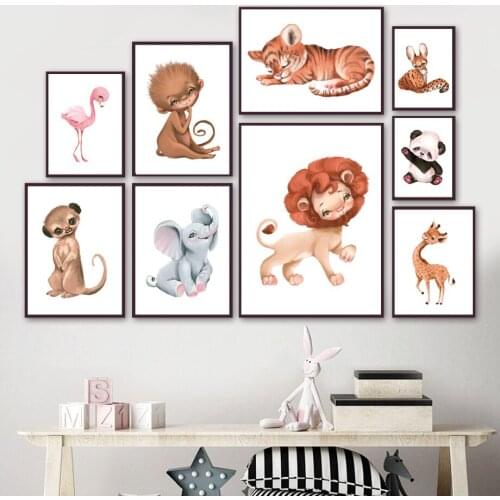 Lion Elephant Giraffe Monkey Tiger Safari Nursery Wall Art Print Canvas Painting Cartoon Poster Decor Pictures Baby Kids Room
