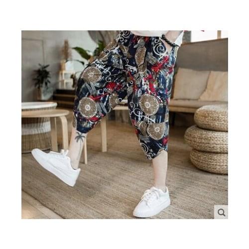 Chinese style linen cropped trousers pants mens shorts embroidery print summer loose