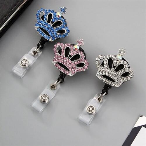 Lovely Diamond Crown Retractable Rotation Nurse Easy-pull Badge Reel Clip Rhinestone Badge Holder Students Doctor Id Card Holder