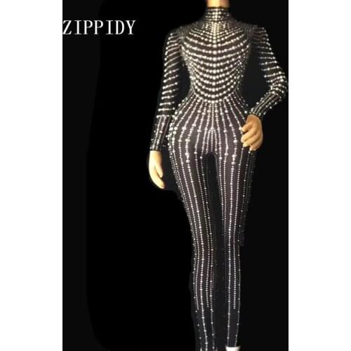 Fashion Black Nude Pearls Jumpsuit One-piece Stretch Sexy Bodysuit Stage Performance Party Celebrate luxurious Leggings