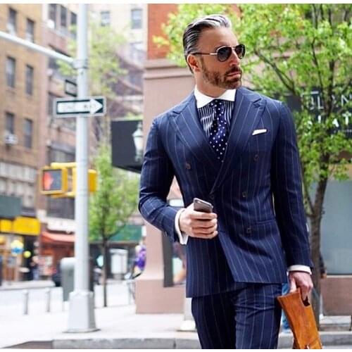 Latest Coat Pant Designs Navy Blue Stripe Men Suit Double Breasted Blazer Slim Fit 2 Piece Tuxedo Custom Groom Prom Suits Ternos