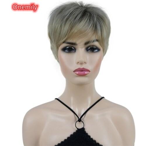 Onemily 8 Inch Short Straight Pixie Women Heat Friendly Synthetic Natural Hair Wig with Bangs