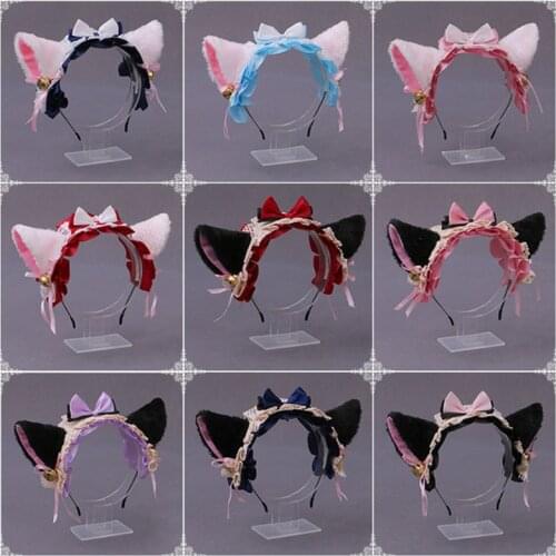 Women Girl Gothic Lolita Cosplay Hairband Plush Lace Cat Ears Headband Kawaii Anime Party Costume Bow Tie Bell Hair Accessories
