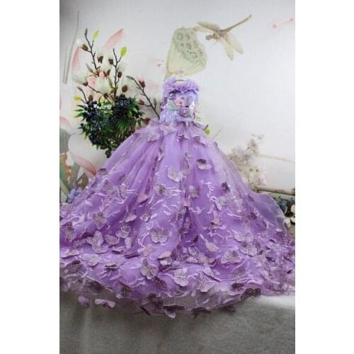 Free Shipping Handmade Luxury Dog Clothes Stereoscopic Butterfly Embroidery Tailing Wedding Dress Pet Apparel Party Evening Gown