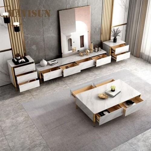 Light Luxury Rock Board TV Cabinet And Coffee Table For Small Apartment Combination Of Living Room Wall Cabinet And Tea Table