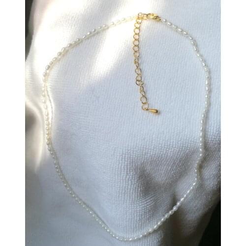 Real pearl 1.8x3mm white rice pearl necklace gold clasp extend chain natural Freshwater PEARL Women Jewelry 14'' 17'' 35cm 43cm