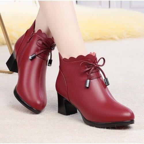 Comemore Mother Shoes Cotton Mid-heel 2021 Autumn Winter Plus Velvet Real Cowhide Short Boots Thick Heel Womens Boots Non-slip
