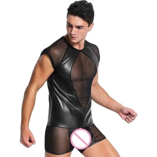 Sexy Men Patchwork Mesh PU Faux Leather T-Shirt Bandage Punk Shiny T-Shirt Cool Men Tight Shirts Plus Size Gay Wear